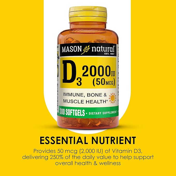 MASON NATURAL Vitamin D3 2,000 IU Ultra Strength, Supports Bone Density, Strength & Immune Health, 300 Softgels