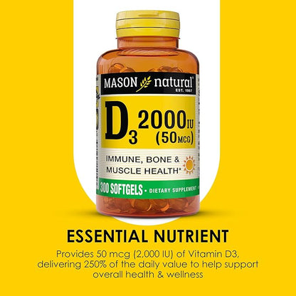 MASON NATURAL Vitamin D3 2,000 IU Ultra Strength, Supports Bone Density, Strength & Immune Health, 300 Softgels