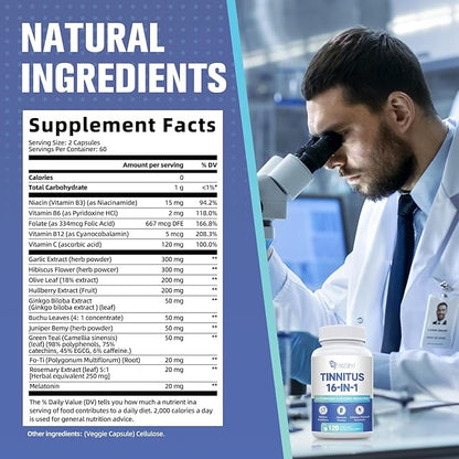 Tinnitus Relief for Ringing Ears, Tinnitus Relief Supplement with Ginkgo Biloba & Vitamin B12 | Natural Tinnitus Treatment for Reduce Ear Noise, Improve Hearing & Emotional Support - 120 Capsules