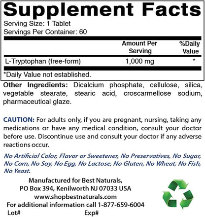 Best Naturals L-Tryptophan 1000 mg 60 Tablets