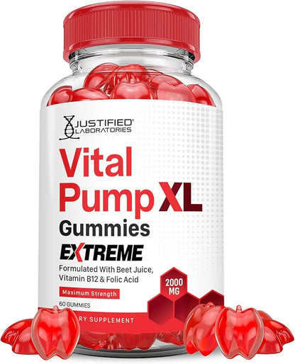 Justified Laboratories Vital Pump XL Extreme 2000MG Performance Gummies Vital PumpXL Advanced Formula Formulated with Beet Juice ACV Pomegranate Powder B12 Vegan Non GMO 60 Gummys