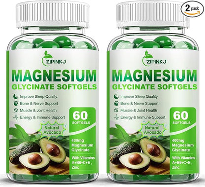 High Absorption Magnesium Glycinate Softgels, Magnesium Supplements 400mg with Zinc, Vitamin E, B6 for Women Men, Improve Sleep, Muscle Relaxation & Bone Health, Gluten-Free, Non-GMO, 2 Pack