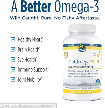 Nordic Naturals ProOmega 2000-D, Lemon Flavor - 90 Soft Gels - 2150 mg Omega-3 + 1000 IU D3 - Ultra High-Potency Fish Oil - EPA & DHA - Brain, Heart, & Immune Health - Non-GMO - 45 Servings