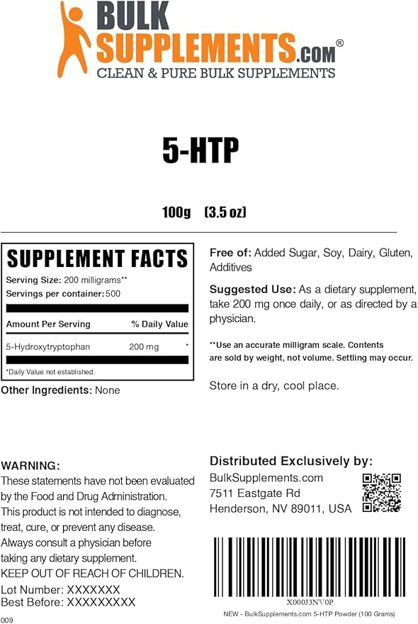 BulkSupplements.com 5-HTP Powder - 5-Hydroxytryptophan, 5 HTP Supplement - 5-HTP 200mg, Mood Support Supplement - Gluten Free, 200mg per Serving, 100g (3.5 oz) (Pack of 1)