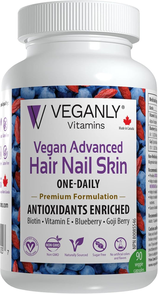 Vegan Advanced Hair Nail Skin One-Daily, 90 Veggie Caps - Antioxidant Enriched - Improve Hair, Improve Skin Health and Nail Health - Plant Based with Biotin & Natural Superfood