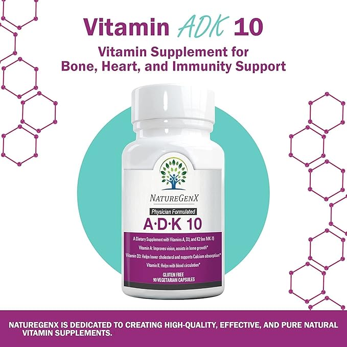 ADK 10 Supplement - Potent A, K2 & D3 Vitamin Supplement 10000 IU for Bone, Heart & Immune Support - 90 Count Easy-to-Swallow Vitamin ADK Supplement Capsules (3 Month Supply)