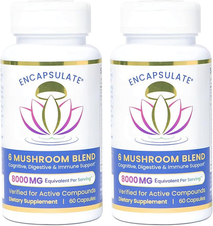 ENCAPSULATE 6 Mushroom Blend – Reishi, Chaga, Turkey Tail, Cordyceps, Lion’s Mane & Shiitake 8:1 Mushroom Extract – Nootropic & Adaptogen Mushroom Supplement for Gut, Brain & Immune Support - 120 Caps