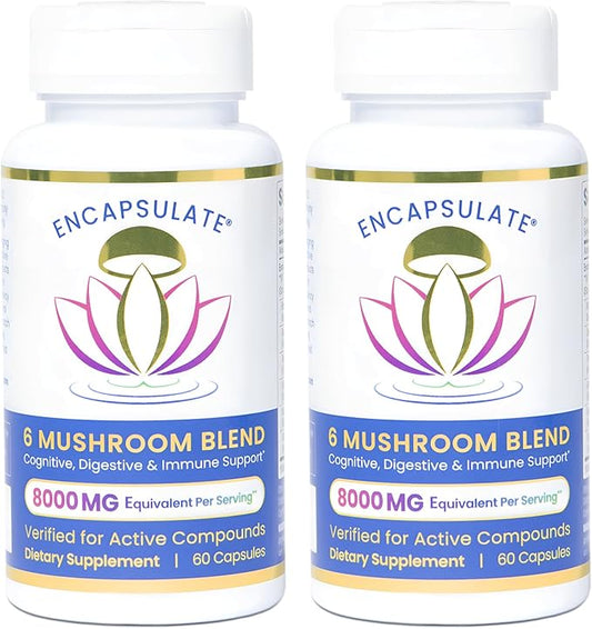 ENCAPSULATE 6 Mushroom Blend – Reishi, Chaga, Turkey Tail, Cordyceps, Lion’s Mane & Shiitake 8:1 Mushroom Extract – Nootropic & Adaptogen Mushroom Supplement for Gut, Brain & Immune Support - 120 Caps