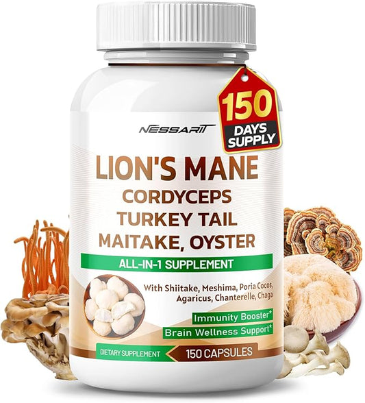 Lion's Mane Supplement - 12-in-1 Natural Blend with Cordyceps Turkey Tail Maitake Oyster Shiitake Meshima Poria Cocos - 150 Count - Made & Tested in The USA