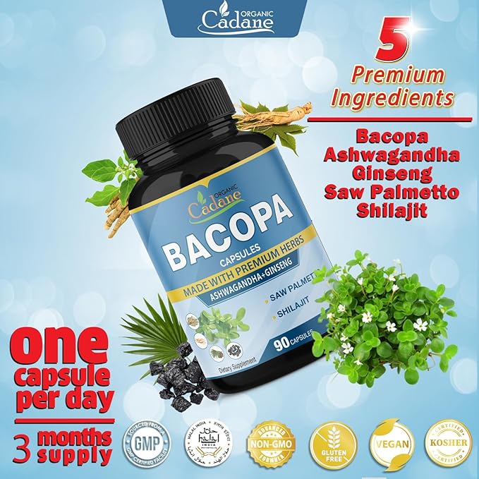 Organic Cadane Bacopa Monnieri Supplement - Blended with Ashwgandha, Ginseng, Saw Palmetto, Shilajit - 90 Capsules for 3 Month Supply