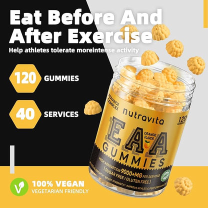 EAA Gummies 120 Gummies (Orange), Essential Amino Acids - All 9 Essential Aminos (EAA) and All Branched-Chain Aminos (BCAAs), Non-GMO, Gluten Free, Vegetarian Friendly