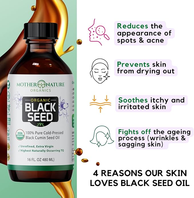 Mother Nature USDA Organic Black Seed Oil – Cold Pressed, Unrefined & Vegan Nigella Sativa, High Thymoquinone (2%+), Omega 3 6 9 for Immune, Joint & Heart Support, Hair & Skin, Non-GMO, 16oz