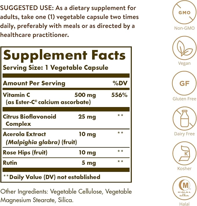 Solgar Ester-C Plus 500 mg Vitamin C (Ascorbate Complex), 100 Vegetable Capsules - Gentle & Non Acidic - Antioxidant & Immune Support - Non GMO, Vegan, Gluten Free, Kosher - 100 Servings