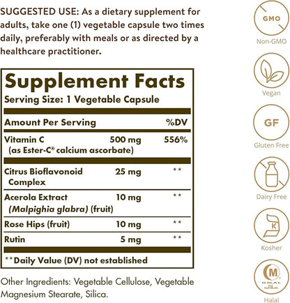 Solgar Ester-C Plus 500 mg Vitamin C (Ascorbate Complex), 100 Vegetable Capsules - Gentle & Non Acidic - Antioxidant & Immune Support - Non GMO, Vegan, Gluten Free, Kosher - 100 Servings