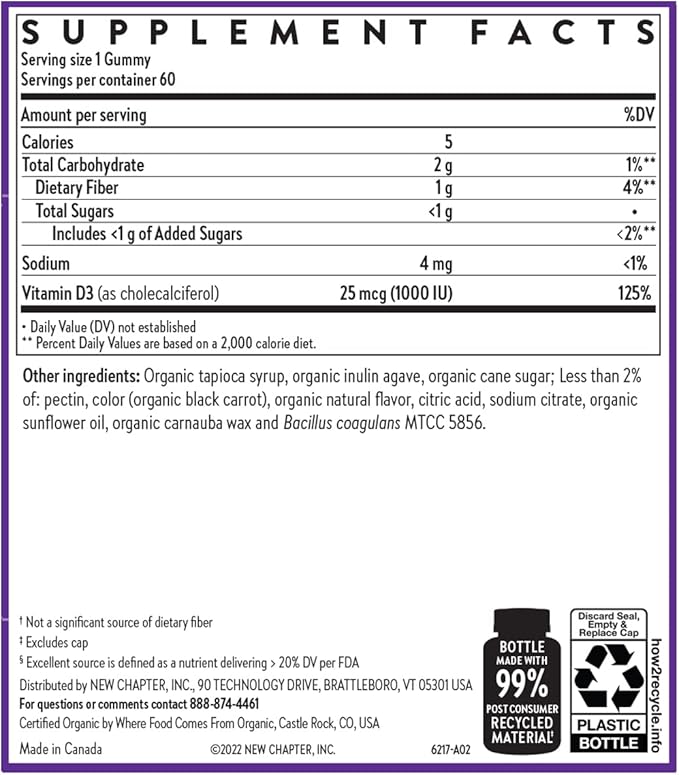 New Chapter Organic Vitamin D3+ Gummies – 72% Less Sugar§, 1,000 IU USDA Organic Vitamin D, ONE Daily Gummy for Strong Bones & Muscle Function, Non-GMO, Gluten Free, Mixed Berry Flavored, 60ct