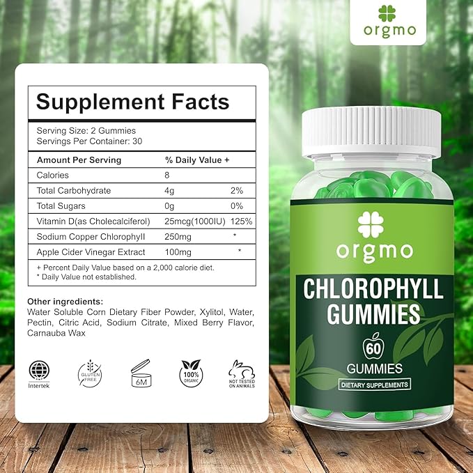 Chlorophyll Gummies Sugar Free with Unfiltered ACV & Vitamin D – Energy Boost | Immune & Digestion System Support | Internal Deodorant | Skin Care, Vegan Non-GMO