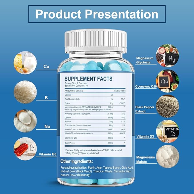 Magnesium Gummies 600mg per Serving-Magnesium Glycinate 400mg and Magnesium Malate 200mg,Sugar Free Magnesium Potassium Supplement for Calm Mood, Muscle, Bone & Energy Support,120 Blueberry Gummies