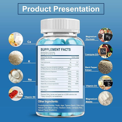 Magnesium Gummies 600mg per Serving-Magnesium Glycinate 400mg and Magnesium Malate 200mg,Sugar Free Magnesium Potassium Supplement for Calm Mood, Muscle, Bone & Energy Support,120 Blueberry Gummies