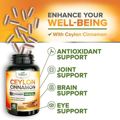 Organic Ceylon Cinnamon Capsules 1800mg - Pure Ceylon Cinnamon Supplements, 1800 mg Certified Organic Powder, Bottled in USA, Non-GMO Gluten Free Sugar Free, Antioxidant Pills Supplement, 60 Capsules