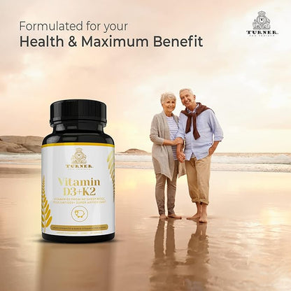 TURNER Vitamin D3 (2000IU) Plus K2 (80mcg), 2 in 1 Formula, Vitamin D3 Liquid with Vitamin K2, 60 Soft-Gels, Support Heart, Teeth & Joint Health, Easy to Swallow
