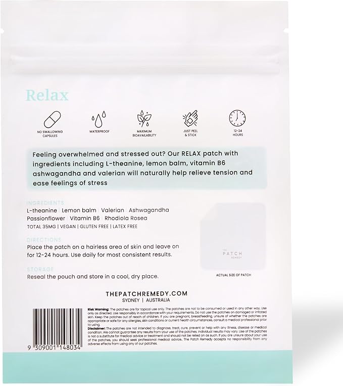 Relax Patches - 30 Topical Stress Relief Patches with Ashwagandha, L-theanine, Lemon Balm, Valerian, Passionflower, Vitamin B6, Rhodiola Rosea | Calming, Relieving, Relaxing