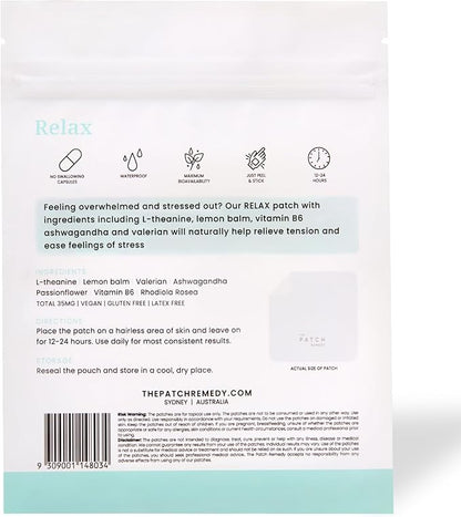 Relax Patches - 30 Topical Stress Relief Patches with Ashwagandha, L-theanine, Lemon Balm, Valerian, Passionflower, Vitamin B6, Rhodiola Rosea | Calming, Relieving, Relaxing