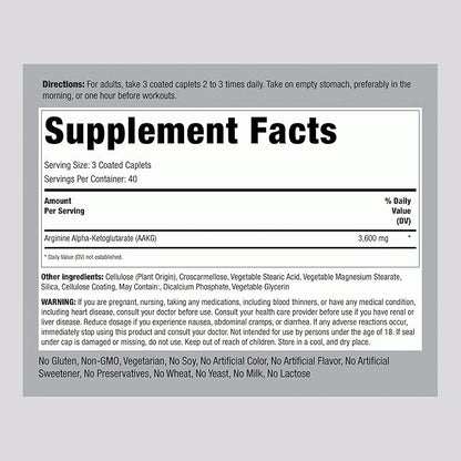 Piping Rock AAKG Supplement | 120 Caplets | 3600 mg | Arginine Alpha-Ketoglutarate Supplement | Nitric Oxide Enhancer | Max Strength | Vegetarian, Non-GMO, Gluten Free