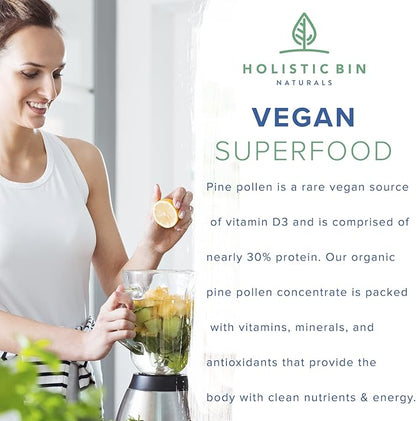 Holistic Bin Pine Pollen Capsules 500mg (Pinus Ponderosa) - Wild Harvested California Ponderosa Pine Pollen Powder - Olympic Grade - Organic, Non-GMO, No Fillers - 30 Day Supply (40 Capsules)