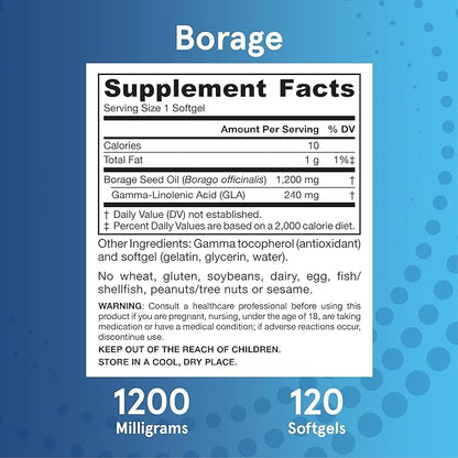 Jarrow Formulas Borage 1200 mg - 120 Softgels - Source of GLA - Borage Oil Supplement - For Skin Health & Immune System Support, Mild PMS Discomfort Support - Up to 120 Servings