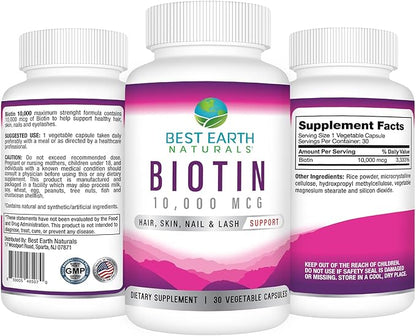 Best Earth Naturals Biotin 10,000mcg - Extra Strength Biotin Vitamin Supplement to Support Hair Growth, Strong Nails, Long Eye Lashes and Healthy Skin