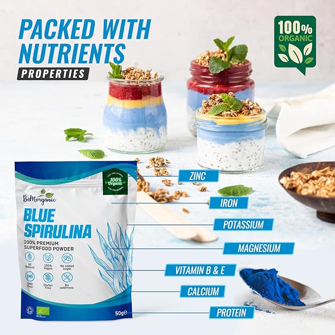Organic Blue Spirulina Powder - 100% Organic Phycocyanin Spirulina Powder | 50g Vegan Non-Gluten Powder with No Added Sugar