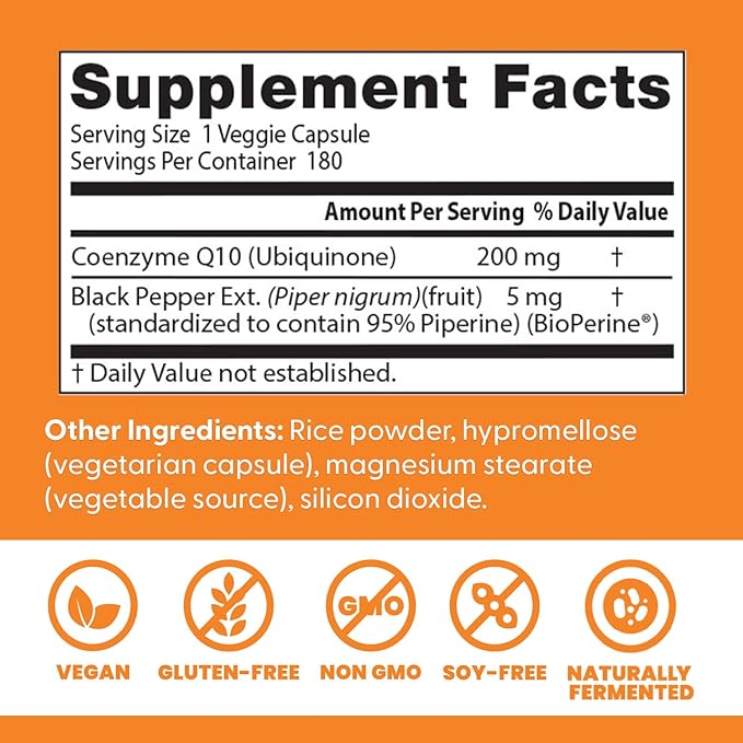 Doctor's Best High Absorption CoQ10, Heart & Energy Support, USP Verified, Naturally Fermented CoQ10, Non-GMO Gluten Free, Soy Free, Vegan 180 Veggie Caps