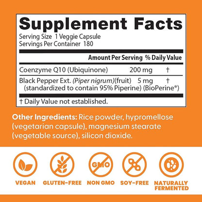 Doctor's Best High Absorption CoQ10, Heart & Energy Support, USP Verified, Naturally Fermented CoQ10, Non-GMO Gluten Free, Soy Free, Vegan 180 Veggie Caps