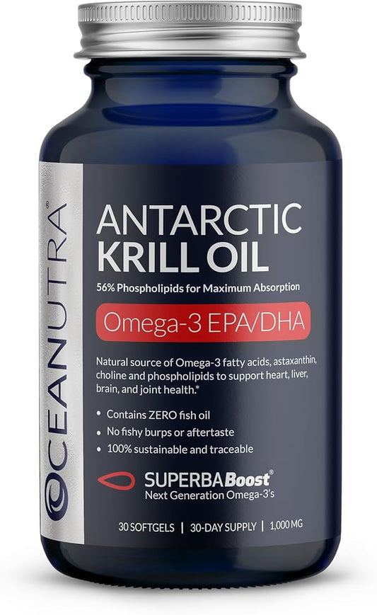 100% Pure Krill Oil 1000mg, Omega 3, Highest Concentration 56% Phospholipids, Choline & Astaxanthin, Sustainable Antarctic SuperbaBoost, DHA, EPA, Heart, Brain, Eye & Skin Care, No Fish Oil