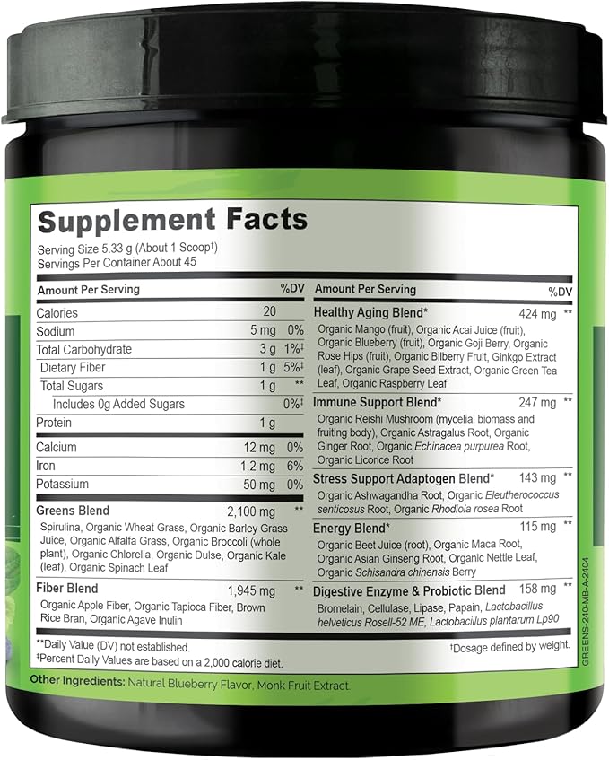 NATURELO Raw Greens Superfood Powder - Mixed Berry - Boost Energy, Detox, Enhance Health - Organic Spirulina - Wheat Grass - Whole Food Nutrition from Fruits & Vegetables - 240 Grams