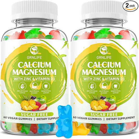 Calcium Magnesium Zinc Supplement with Vitamin D3, Sugar Free Calcium Gummies for Women Men, High Potency Magnesium Gummies for Bone & Muscle & Immune Health, Mixed Flavors - 120 Count