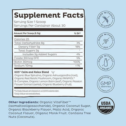 KOS Calming Blue Spirulina Blend- USDA Certified Organic - Algae Superfood Powder with Ashwagandha Root, Lemon Balm, Reishi Mushroom, B Vitamins - Berry Coconut Cooler Flavor, 28 Servings