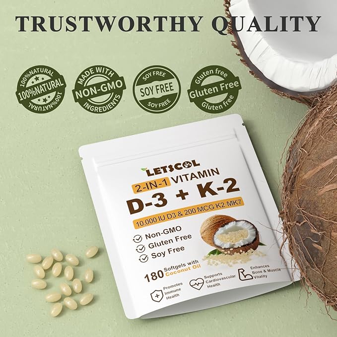 2-in-1 Vitamin D3 K2 Supplement Softgel, Vitamin D3 10000 IU and Vitamin K2 200 mcg, K2 MK7 with D3 Vitamin Supplement Support Immune, Heart, Joint, Teeth & Bone Health