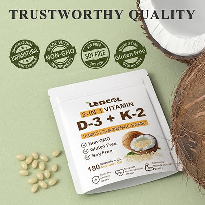 2-in-1 Vitamin D3 K2 Supplement Softgel, Vitamin D3 10000 IU and Vitamin K2 200 mcg, K2 MK7 with D3 Vitamin Supplement Support Immune, Heart, Joint, Teeth & Bone Health