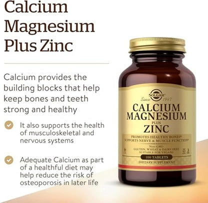 Solgar Calcium Magnesium Plus Zinc, 100 Tablets - Promotes Healthy Bones and Teeth - Supports Nerve & Muscle Function - Non GMO, Vegan, Gluten Free, Dairy Free, Kosher, Halal - 33 Servings