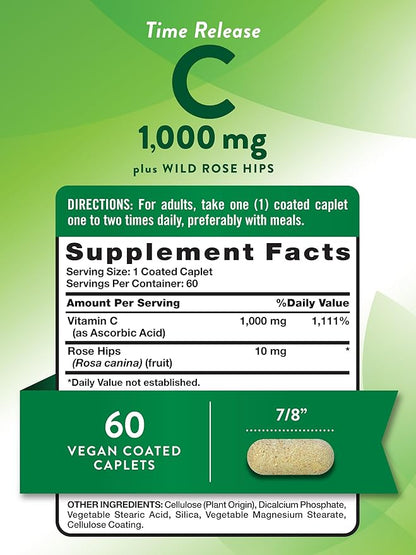 Nature's Truth Vitamin C 1000mg | 60 Caplets | with Wild Rose Hips | Vegan, Non-GMO & Gluten Free Supplement