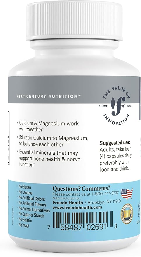 Freeda Super Cal/Mag – Kosher Vegan Bone Health Supplement – Supports Bone Strength, Nerve Function & Muscle Relaxation – Vegetarian Calcium Magnesium Capsules – Third-Party Tested – (100 Capsules)
