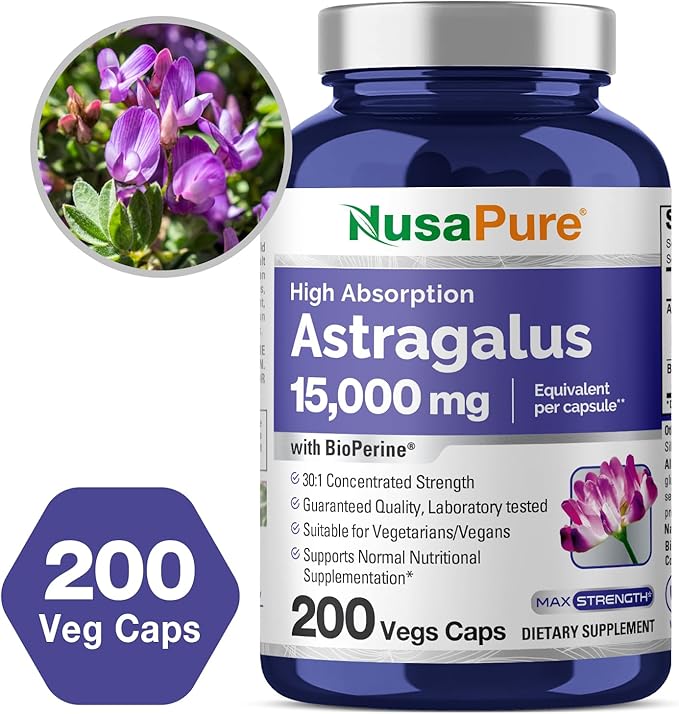 NusaPure Astragalus 15,000mg per Caps 200 Veggie Capsules (Vegetarian, Non-GMO, Vegan)