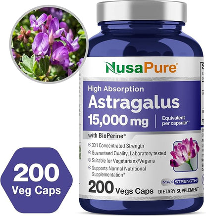 NusaPure Astragalus 15,000mg per Caps 200 Veggie Capsules (Vegetarian, Non-GMO, Vegan)