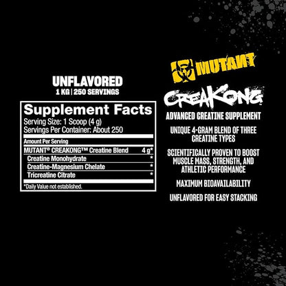 Mutant CREAKONG – Advanced Creatine Supplement with Triple Creatine Blend for Muscle Strength, Size & Performance – Unflavoured, Banned Substance Tested – 300g (75 Servings)