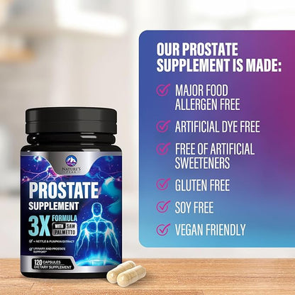 Prostate Health Supplements for Men - Potent 3X Formula with Saw Palmetto + Stinging Nettle + Pumpkin Seed Extract, Bottled in USA, Prostate Supplement, DHT Blocker for Urinary Support - 120 Capsules