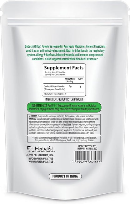 Dr. HERBALIST Guduchi Stem Powder (200g) Tinospora Cordifolia - Supports Detoxification & Immune Wellness