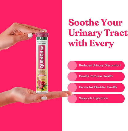 Quench UTI Relief Effervescent Tablets - Fast-Acting Urinary Tract Support, Flushes Impurities, Soothes Discomfort - Natural Cranberry Flavor, Sugar-Free, Vegan - 30 Tablets