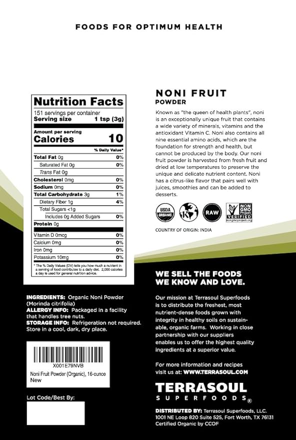 Terrasoul Superfoods Organic Noni Fruit Powder - 16 Ounces