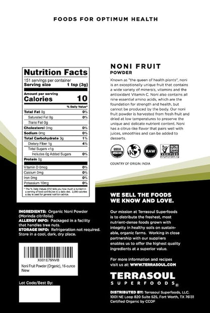Terrasoul Superfoods Organic Noni Fruit Powder - 16 Ounces